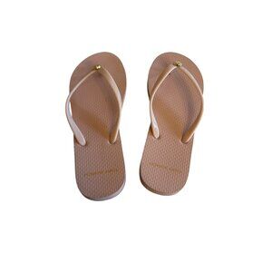 Tory Burch Womens Flip Flops Size 7.5 Pink Rubber Gold Logo Summer Resort
